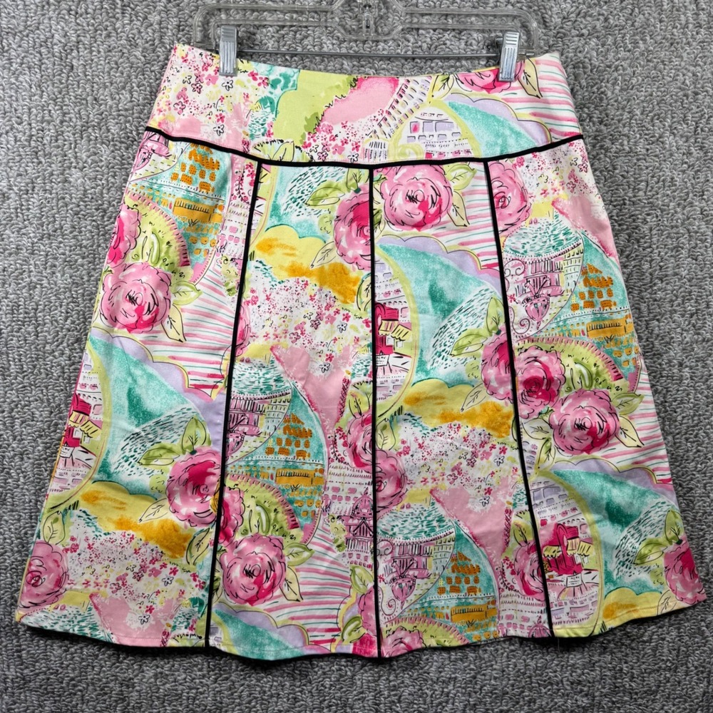 Notations Skirt A-Line Floral Gored Multicolor Black Trim‎ Womens Petite Large